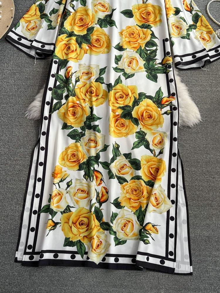 Summer Women Designer Print Runway Dresses Flare Sleeve Straignt Long Maxi Holiday Dress