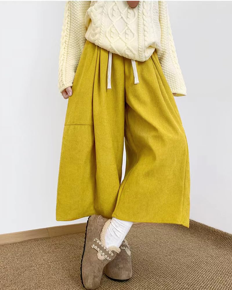 MTUIOY Corduroy Gaucho Warm and Comfortable for Fall and Solid Loose Fit Yellow Size L Women's Wide-leg Pants, Winter, Thick, Casual, Color, - -
