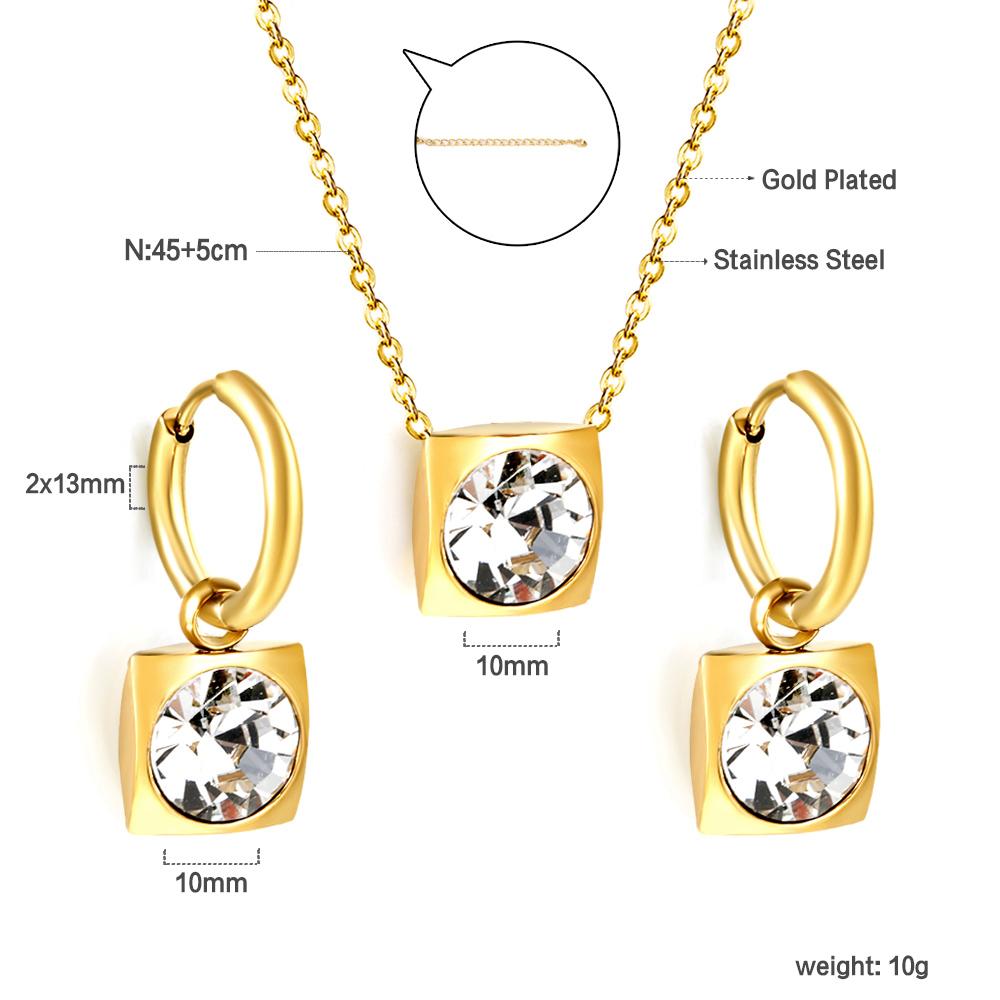 Square Multiple Color Crystal Pendant Necklace Earrings Set Stainless Steel Zircon Set 2Pcs For Women Party Gifts Free Shipping