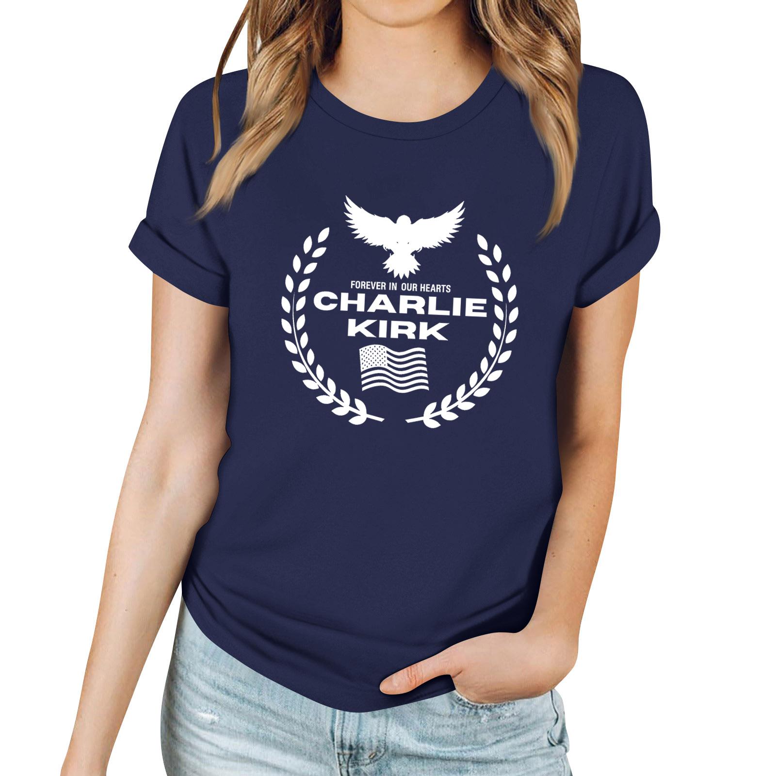 

Женская повседневная футболка с принтом, пуловер с круглым вырезом, топ с короткими рукавами L тёмно-синий