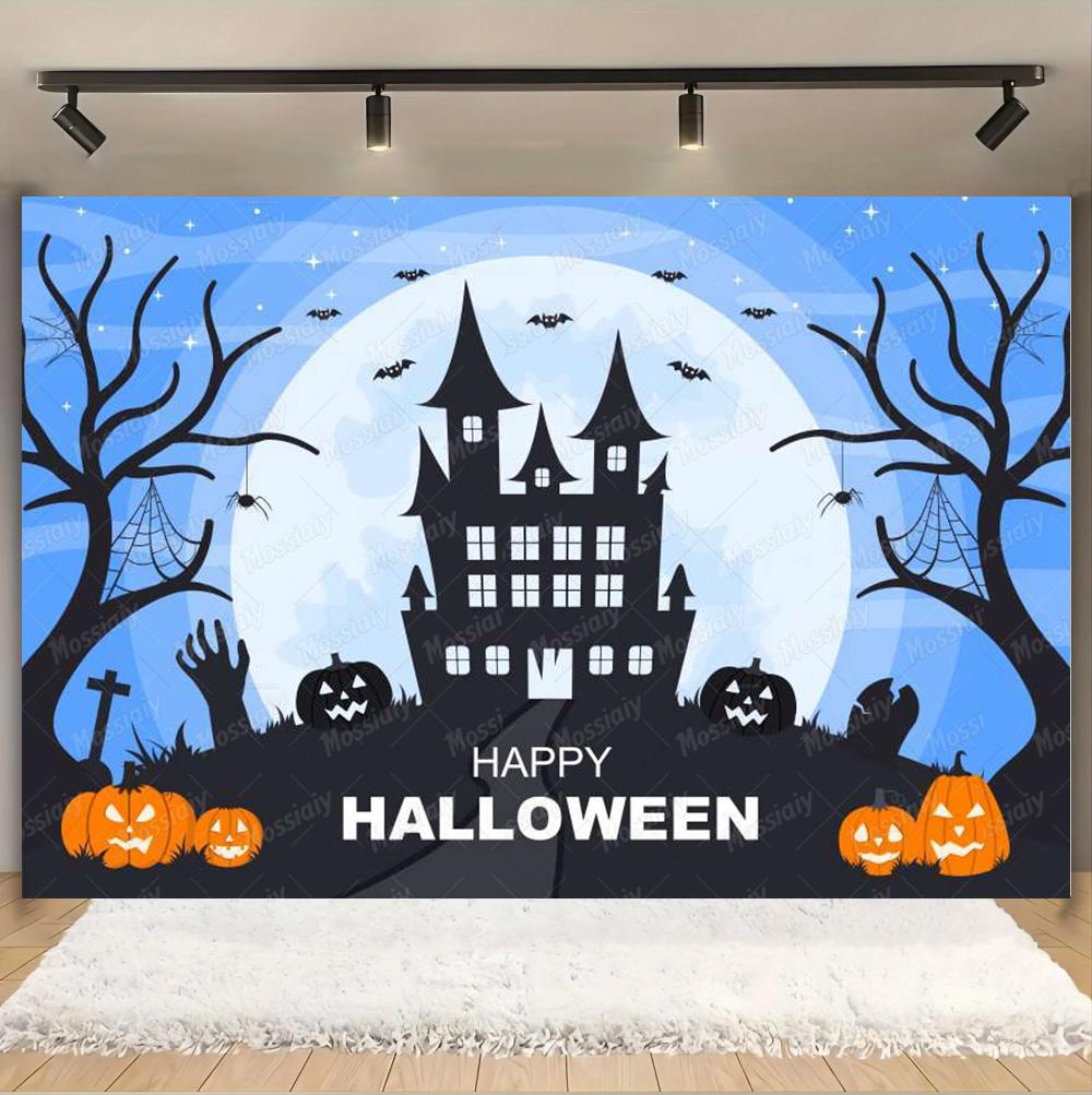 Horror Halloween Photography Background Moon Night Castle Forest Pumpkin Lantern Skeleton Family Party Photo Backdrop Decoration435