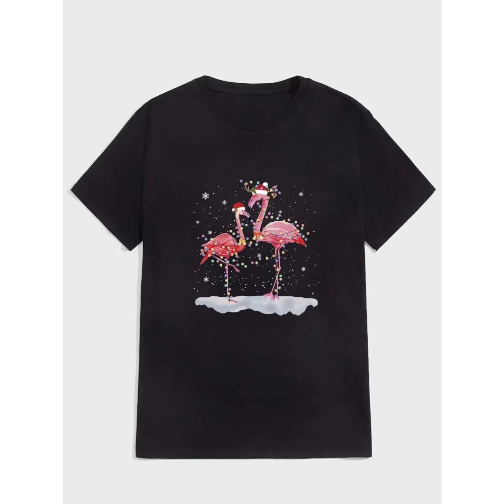 Flamingo christmas tree santa hat christmas lights Tee,Men's Casual Crew Neck Short-Sleeve  Fashion Summer T-Shirts Tops
