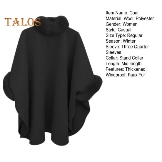 Pelerina de iarnă pentru doamnă, mâneci dolman, șal gros, guler largi, culoare uni, decor blană artificială, îmbrăcăminte caldă de zi cu zi, poncho de lucru în aer liber