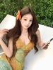 Retro Vacation Spaghetti Strap Deep V-Neck Color Block Slimming Dress