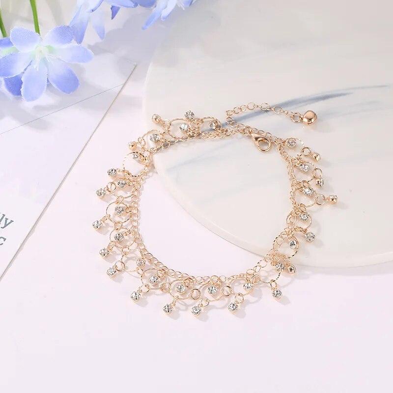New Fashion Beach Tassel Zircon Anklets For Women Exquisite Gold Silver Color Shiny Rhinestones Anklet 2021 Trend Party Jewelry