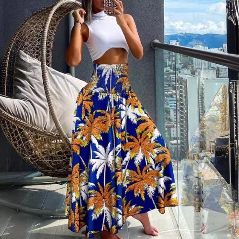 Bohemia Style Plus Size Women's Elastic High Waist Fashion Leaves Geometric Pattern Fashion Skirt Beach Dress