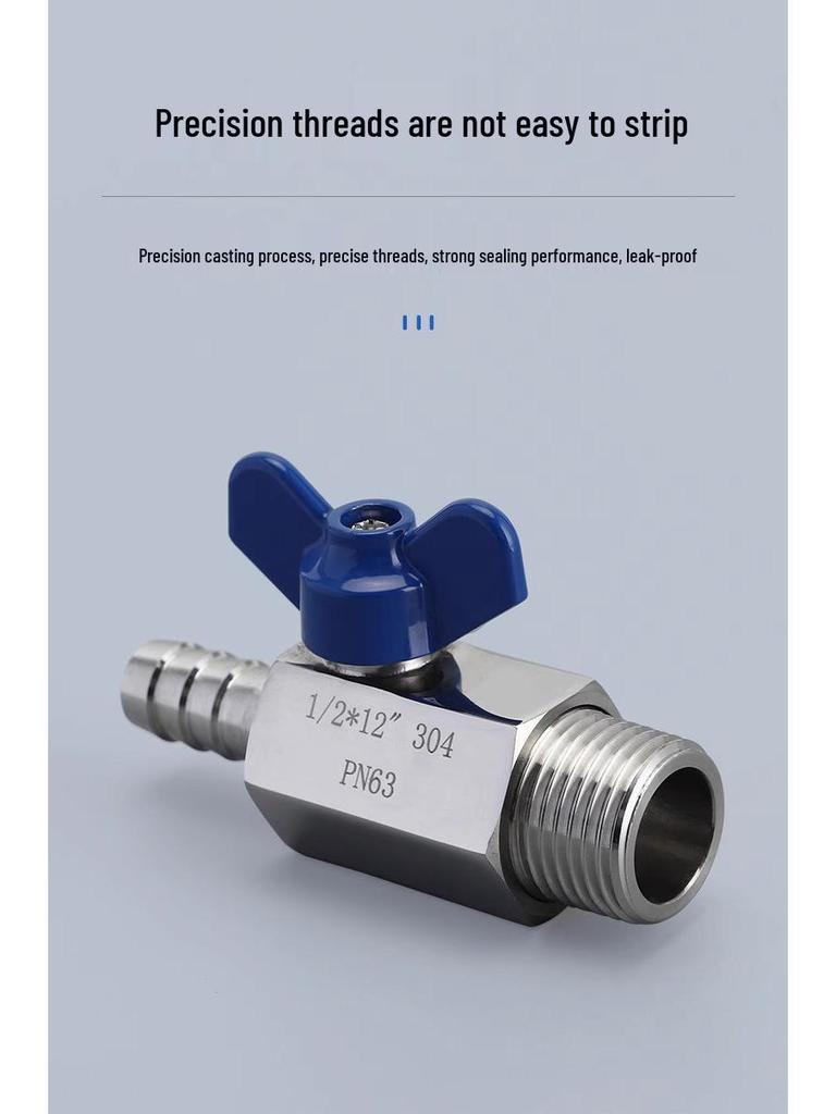 304 Stainless Steel Mini Ball Valve with Butterfly Handle, Internal/External Threads, High Pressure, 4-Way Pagoda Tube Connector.