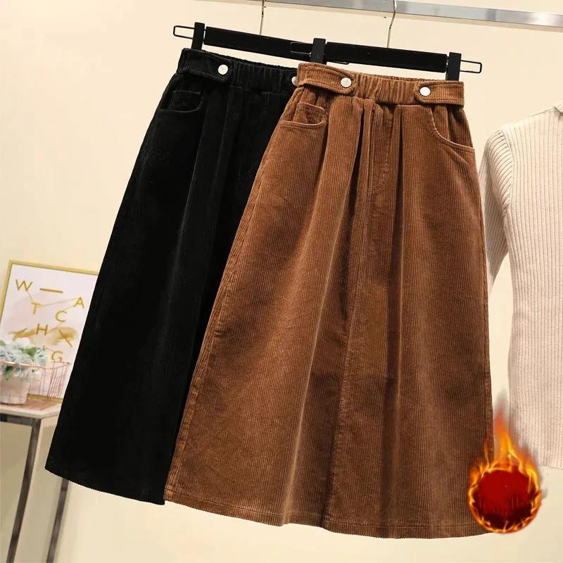 Women's Fall/Winter Thickened Plus Size Corduroy Skirt Loose-Fitting, Flattering High-Waisted Mid-Length A-Line Skirt