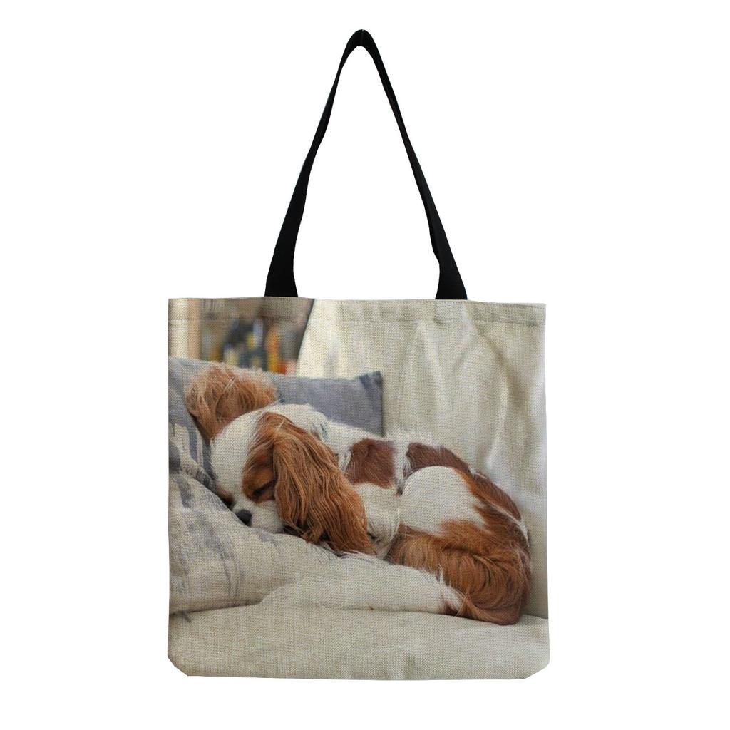 Damen Vintage Leinen-Tragetasche - Große Kapazität Hundeprint Schulter-Handtasche für Freizeit & Lebensmitteleinkauf KTB