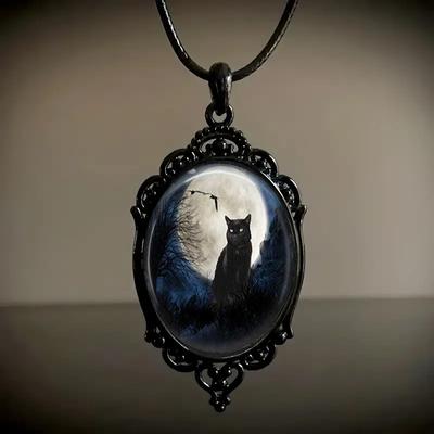 Black Cat Pattern Oval Glass Alloy Pendant Necklace In Moonlit Night