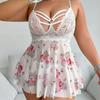 Womens Plus Size Floral Lace Sheer Sleepwear Set - Sexy Bodysuit Slip Dress In Black Or White