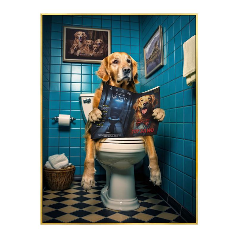 Zabawny plakat z krową szkocką, szympansem i psem Dekoracja toalety łazienki Zwierzę czytające gazetę Obraz na płótnie Sztuka ścienna Obrazy Dekoracja domu