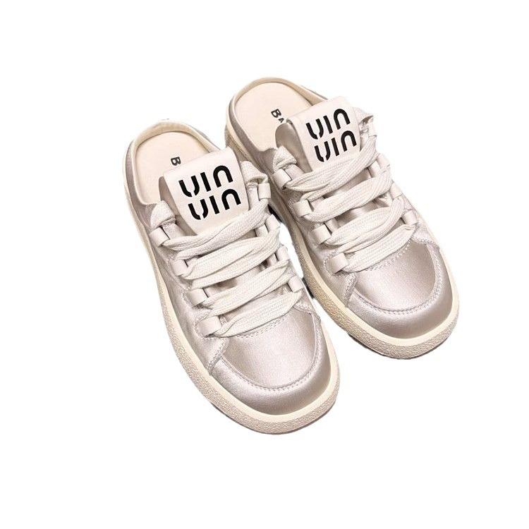 2025 half slippers women's outer wear 2025 summer new round head lace-up casual white shoes comfortable versatile board shoes
