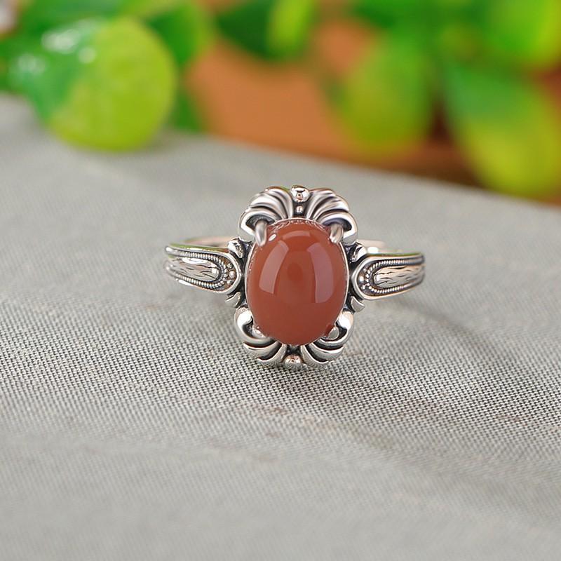 Adjustable Open Ring Women Men Vintage Floral Design Copper Jewelry With Red Agate Oval Cabochon