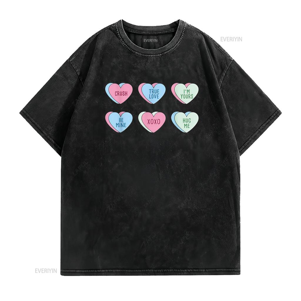 Womens Valentine s Day Hearts Candy T Shirt Black vintage Washed fashion streetwear Soft graphic Casual homme Stylish Slightly