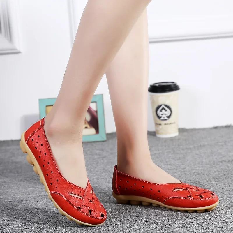 Plus Size 35-44 Women Flats Shoes Loafers Women Hollow-up Genuine Leather Shoes Female Casual Shoes for Mum Summer