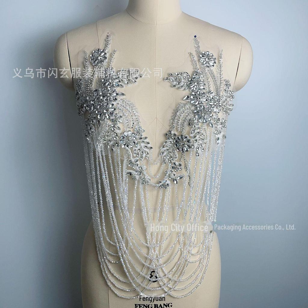 Handmade Beaded Tassel Wedding Dress Shoulder Ornaments with Crystal Diamond Lace Applique