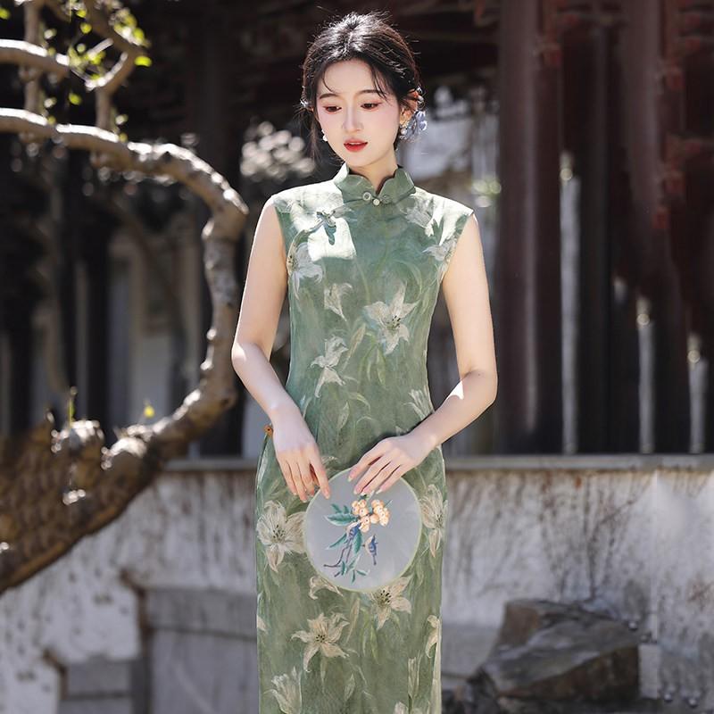 Elegant Green Sleeveless Modern Cheongsam Dress With Bamboo Leaf Jacquard Long Style Women 2026