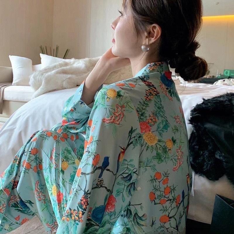 High-End Pajamas Women'S Spring And Summer New Long-Sleeved Trousers Style High-Value Ice Silk Loungewear Set