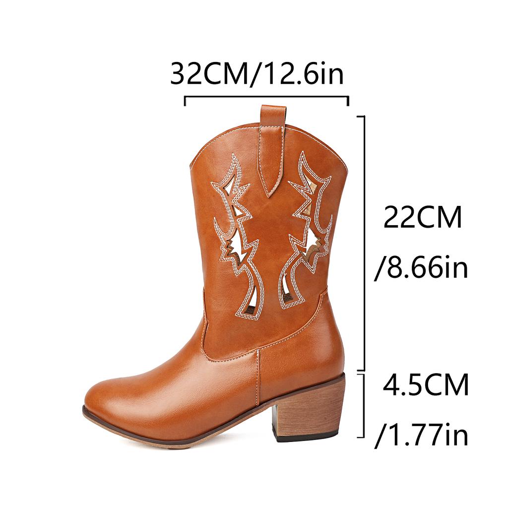Women Summer Embroidery Western Boots Cowgirls Ankle Boots Hollow Out Chunky Heels Shoes