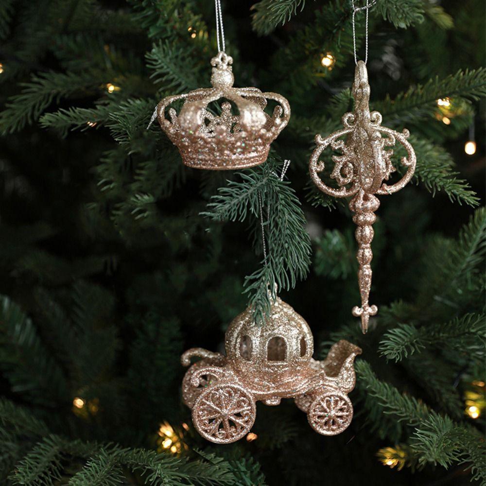 Gold Christmas Hanging Decoration Shimmering Plastic Hanging Pendants Crown Xmas Tree Party Supplies Christmas Tree Ornament