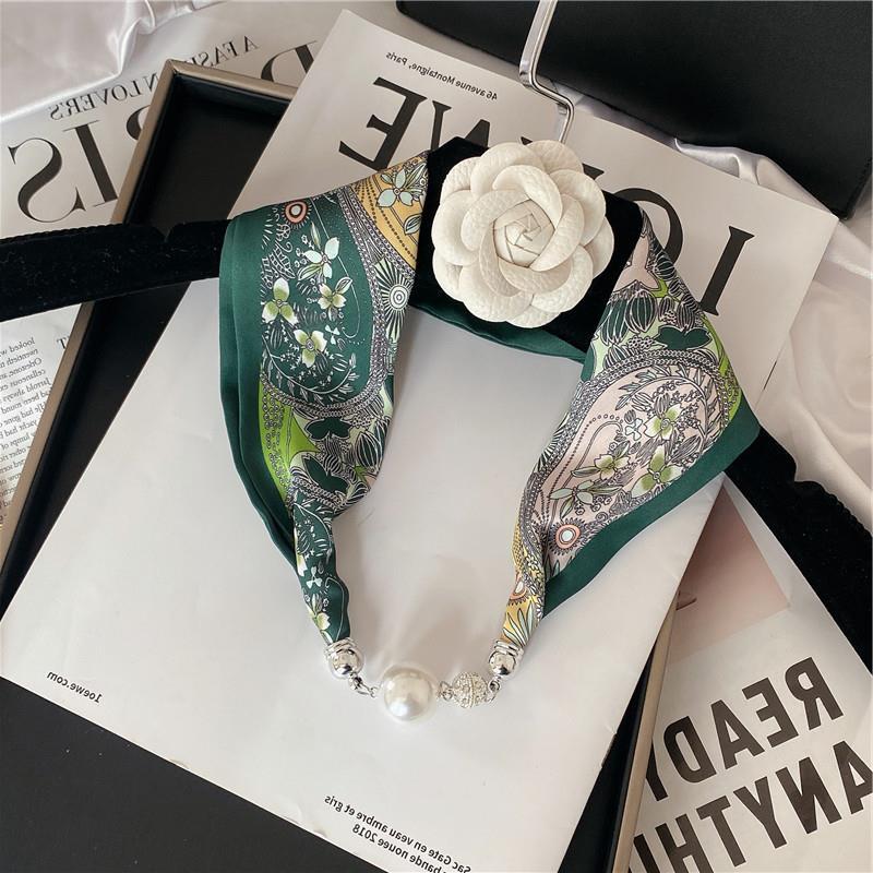 New Luxury Design Magnetic Pearls Button Silk Scarf Women Summer Neck Ornament Silk Scarves Lady Shirt Sunscreen Decoration Gift