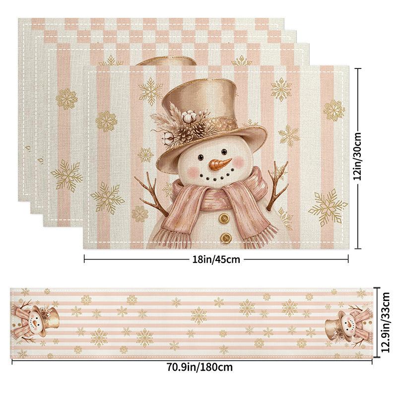 5Pcs Christmas Buffalo Plaid Placemats And Table Runner Set Cute Snowman Print Heat Resistant For Christmas Decoration