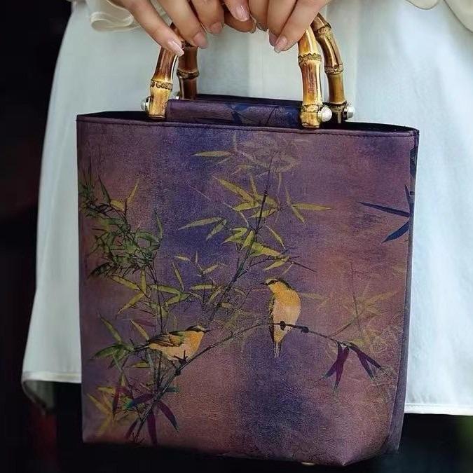 Retro Cheongsam Crossbody Tote with Bamboo Handle - Large Capacity, Chinese National Style