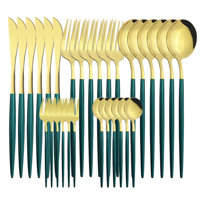 30Pcs Matte Gold Black Handle Tableware Set Stainless Steel Dinnerware Knife Fork Spoon Western Flatware Wedding Cutlery Set
