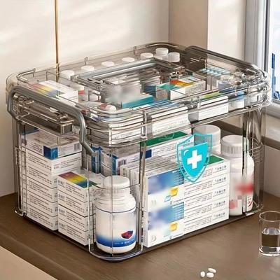 Double Layers Medicine Storage Box with Handle Plastic Emergency Box Compartment Moisture-proof Multifunctional Storage Box
