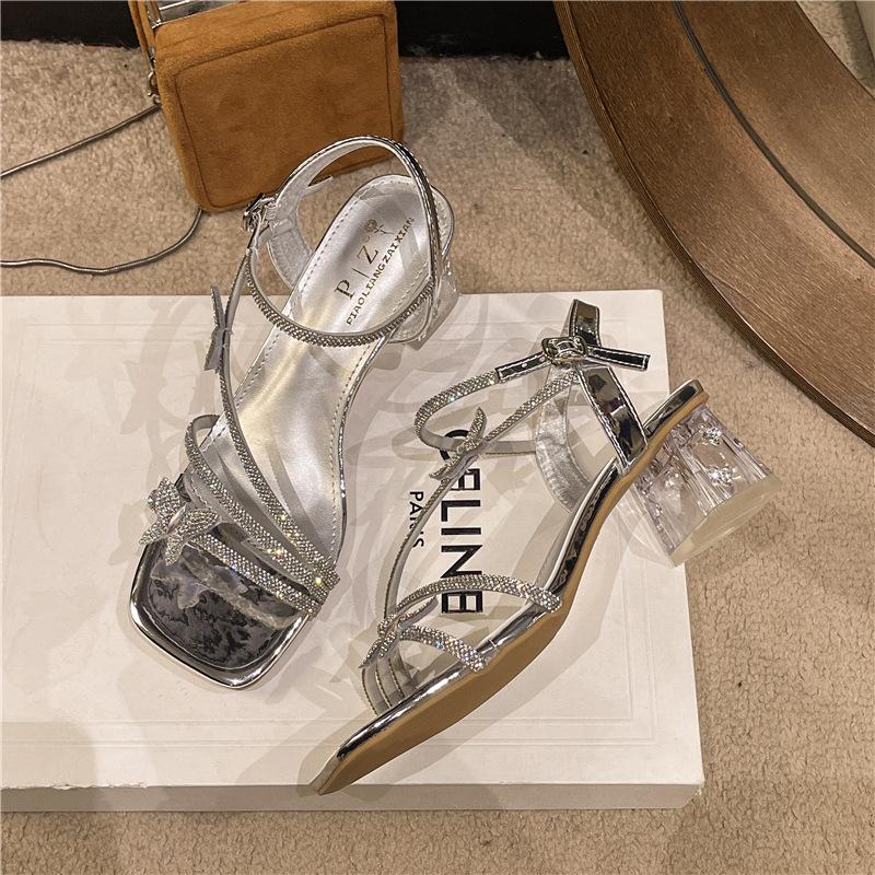 

Сандалии на толстом каблуке с кристаллами для женщин, интернет-знаменитости Сандалии на толстом каблуке с бабочкой и носком росы для женщин, новые босоножки на высоком каблуке для женщин 39 серебряный