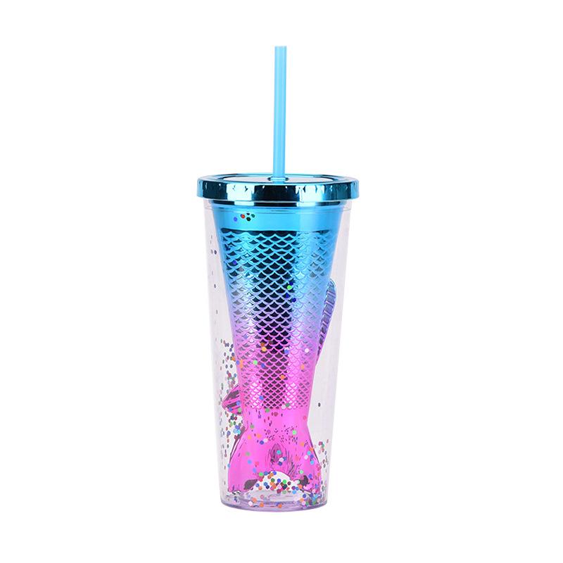 Double Layer Plastic Cup Creative Gradual Change Mermaid Tail Straw Cup Appearance Electroplating Color Sequined Water Cup