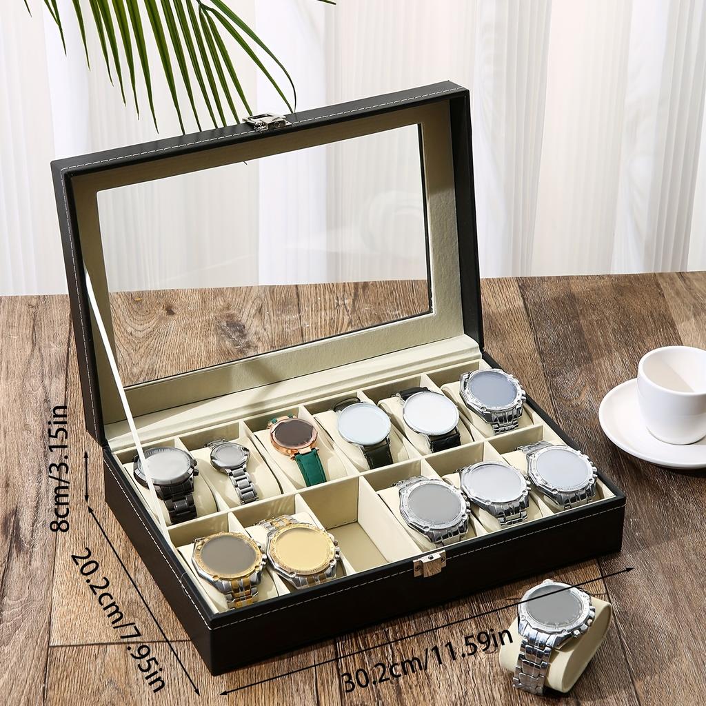 A Faux Leather Watch Storage Box That Holds 12 Watches, Perfect for Displaying Timepieces And Storing Jewelry Like Bracelets