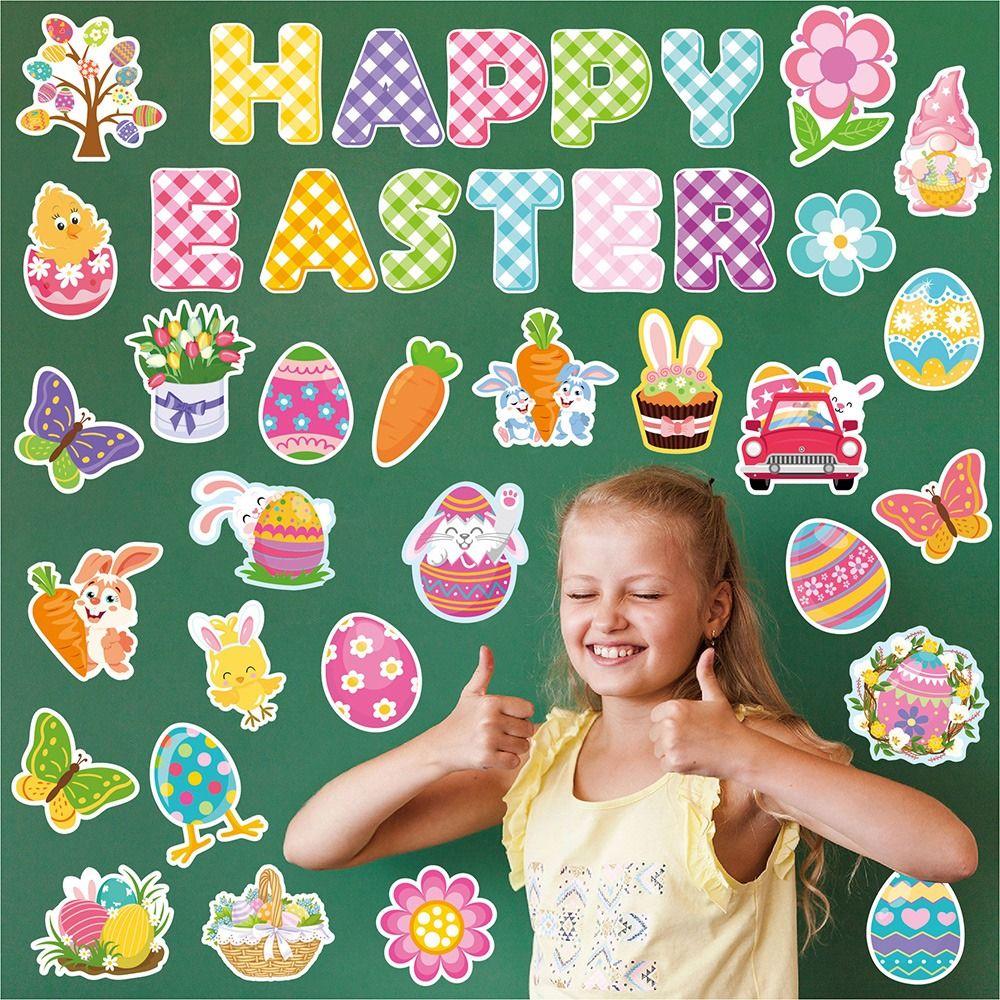 57PCS Cartoon Easter Decoration Paper Butterfly Bunny Chicken Wall Sticker Multicolor Flower Sheep