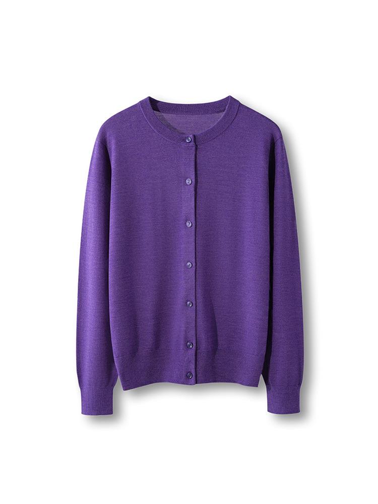 2026 Women's Elegant Fine Wool Cardigan - Loose, Slimming, Round Neck, Solid Color, Single-Breasted Outerwear