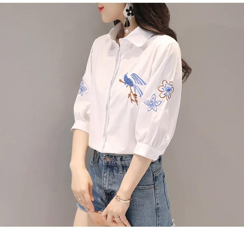 Everything Embroidered Summer Five Point Sleeve Shirt Literary Women Temperament Lapel Casual