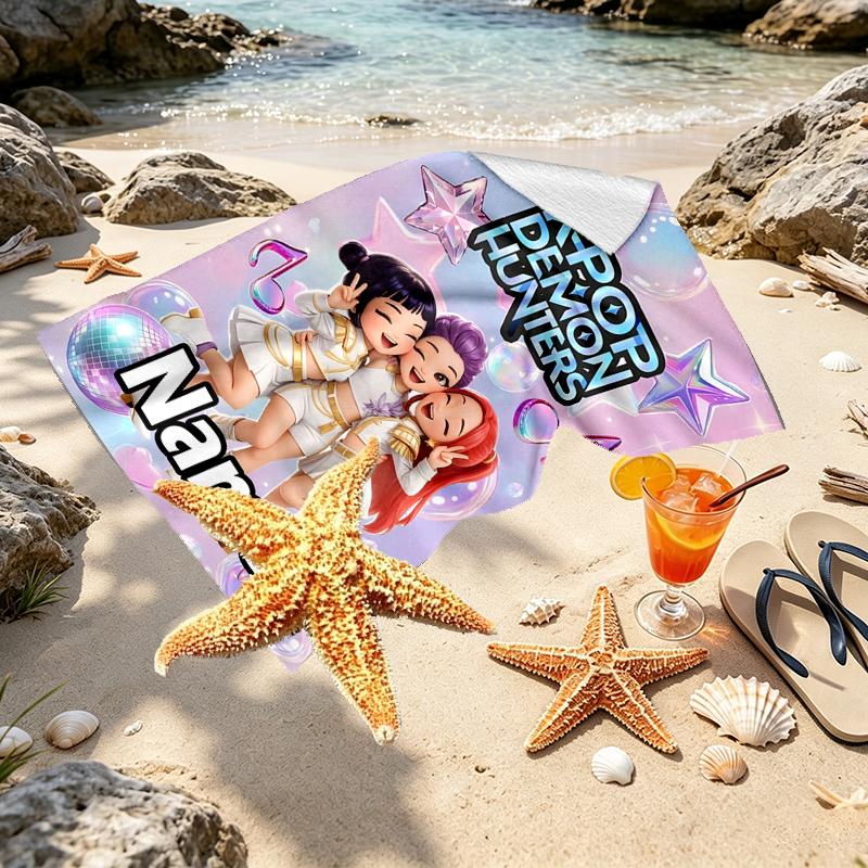 Custom Name Personalized KPop Demon Hunters Print Beach Towel, for Trip Camping Beach Party Home Decor, Birthday Gift for Family & Friends