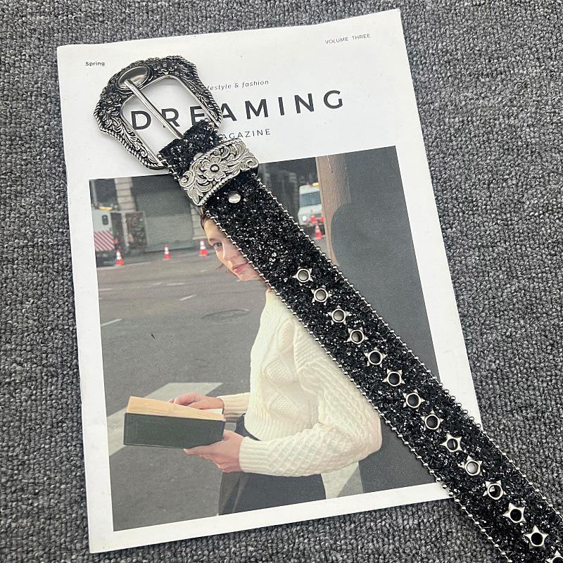 Hollow Star Sequin Pattern Belt Women's Black Belt Design Belt