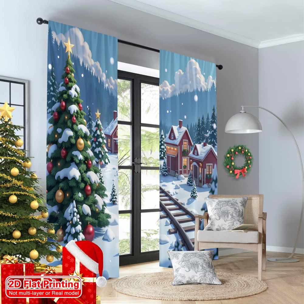 2pcs 2D Flat Printing Merry Christmas Popular Drapes Christmas Village Train Scene_b Polyester Without Electricity Festive