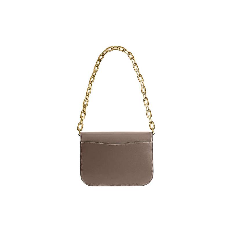Coach IDOL 21 Gold Logo Logo Chain Magnetic Buckle Closure Flap Cow Leather Messenger Bag Hand Shoulder Bag Small Size Women's Dark Stone Gray