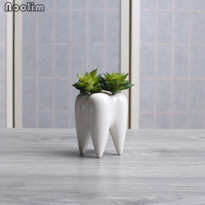 1pc Tooth Shape White Ceramic Flower Pot Planter Teeth Model Mini Desktop Pot Gift Home Decor