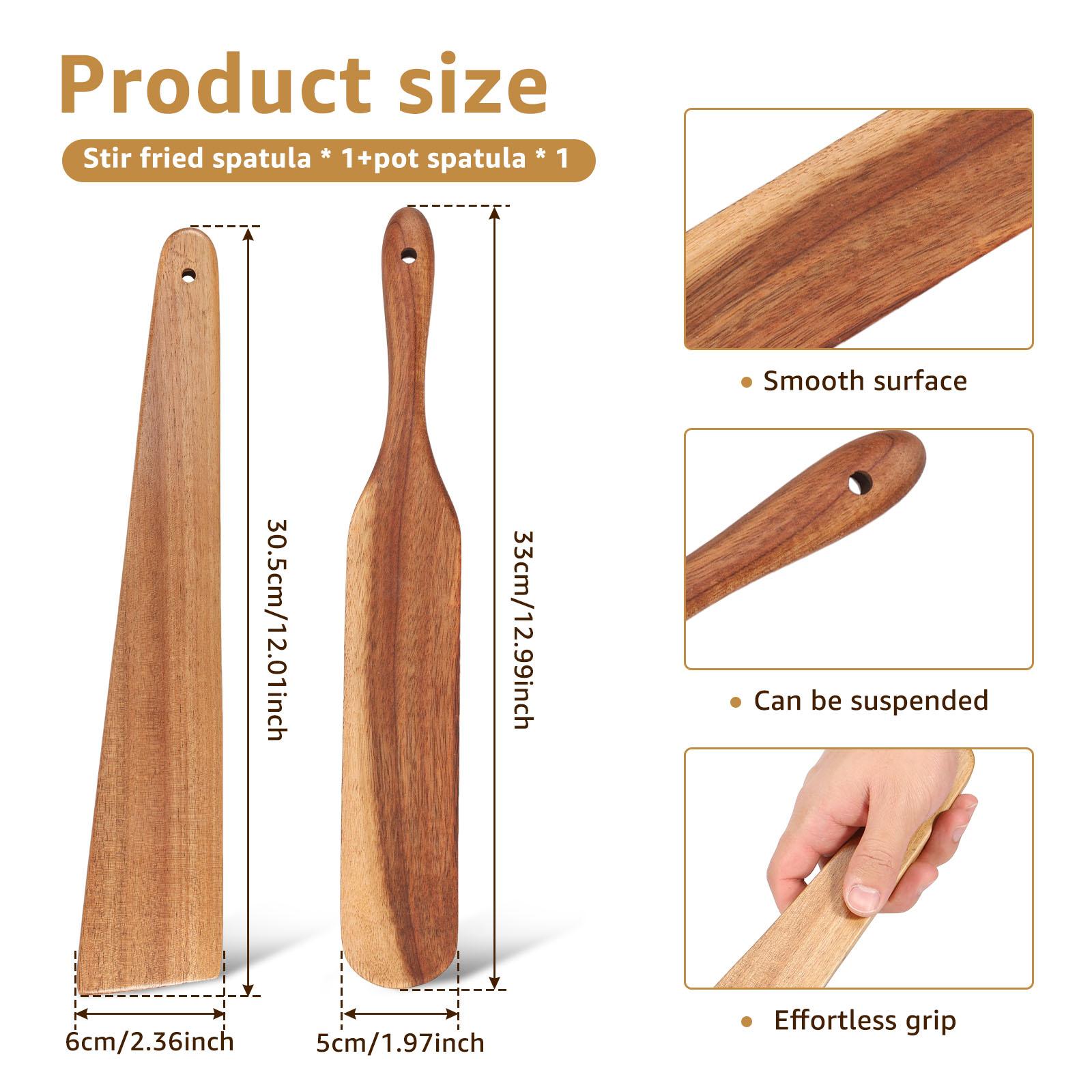 

2Pcs Long Handled Teak Tableware Wood Spoon Shovel Spatula Accessories Skimming Flipper Egg Scraper Kitchen Tool Turner Cooking
