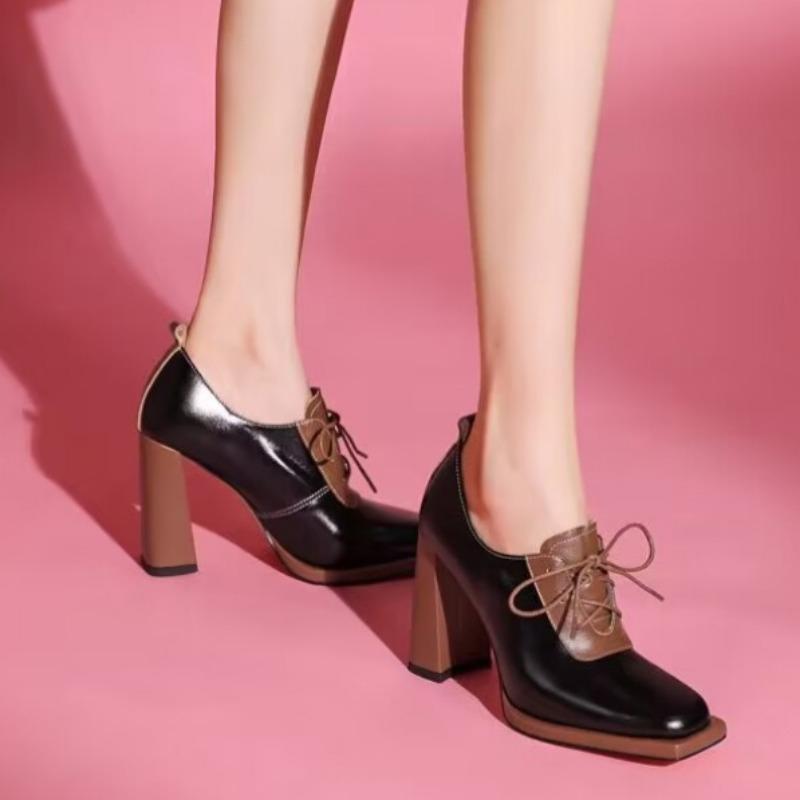 

Мода 2024 года. Новые женские туфли на толстом каблуке со шнуровкой, цветные, с неглубоким вырезом, удобные, нескользящие и дышащие. 39 чёрный