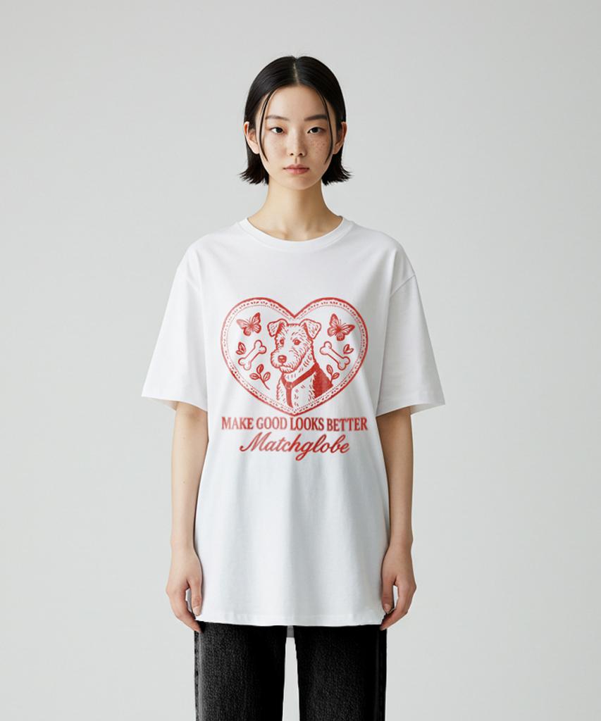 MATCHGLOBE Doggy Heart Oversized Tee (White)