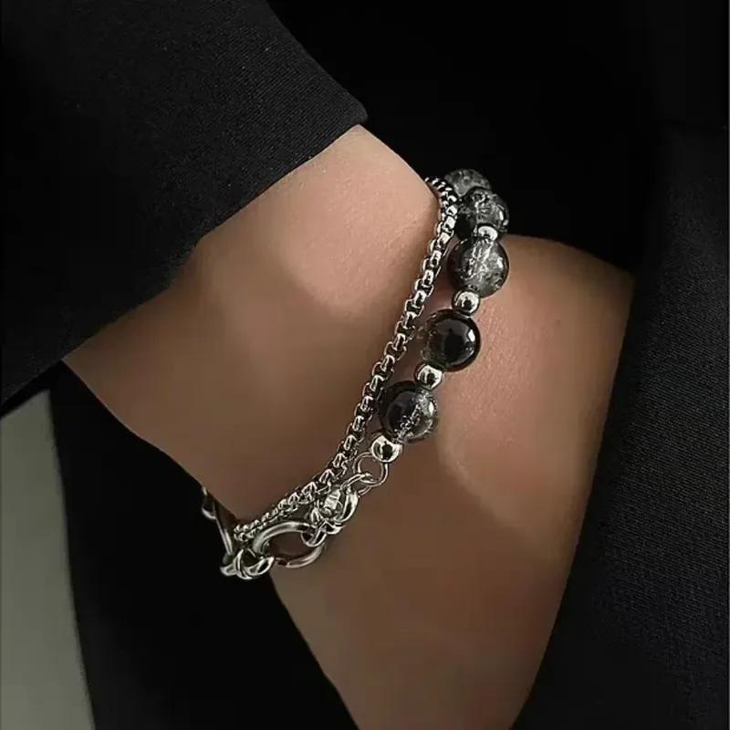 Retro Black Cracking Beads Bracelet for Men Women Stainless Steel Double Layered Chain Fashion Hip-pop Jewelry Hand bracelet