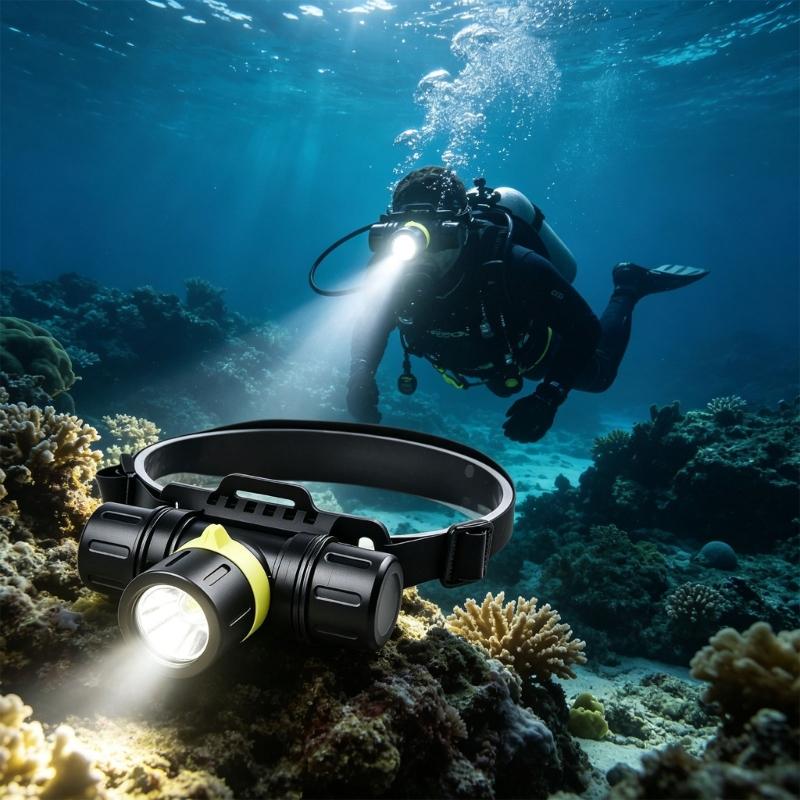 Underwater Diving Headlamp with Adjustable Head Mount, Aluminum Beam Light for Snorkeling, Night Fishing and Camping