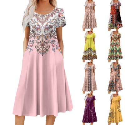 WomWomen's Casual Fashion Round Neck Short Sleeve Midi Dress Fashion Wedding Guest Dress