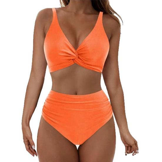 

2 шт./Набір Жіночий Роздільний Бікіні Глибоке V-подібне декольте Дизайн з перекрутом спереду Бюстгальтер Висока талія Трусики Комплект Швидкосохнуча Еластична тканина Купальний костюм для відпустки S помаранчевий