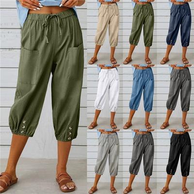 Summer Women's Trousers Casual Three-quarter Loose Drawstring High Waist Button Cotton And Linen Trousers
