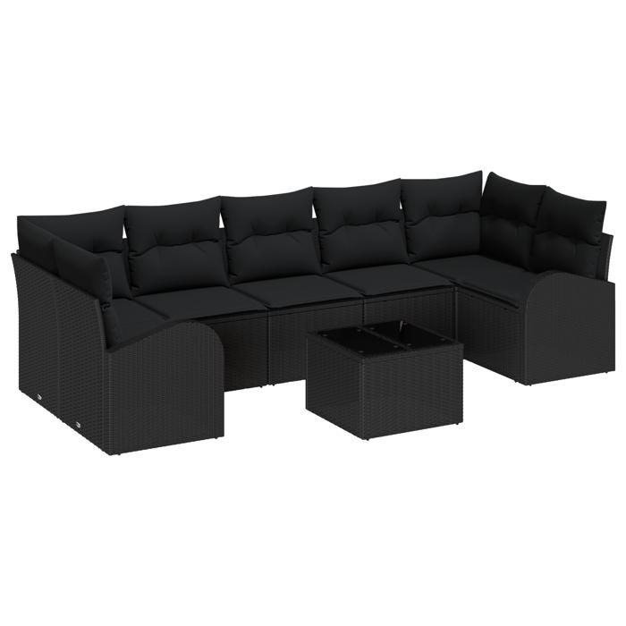 Ensemble de Canapé 8 Pièces de Jardin avec Coussins Noirs en Rattan Poly, Canapé de Jardin 2 Places avec Rangement & 3354632